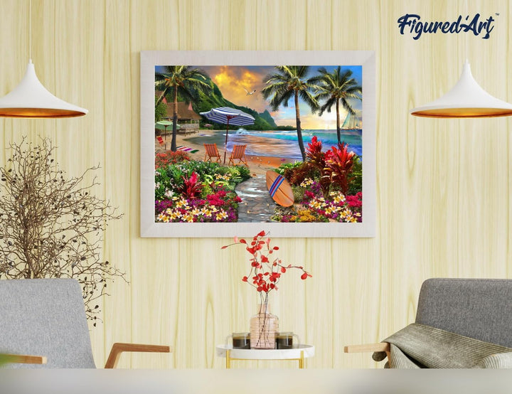 Figured'Art Malen Nach Zahlen Erwachsene Mit Rahmen Palme am Strand - Paint by Numbers Basteln DIY B