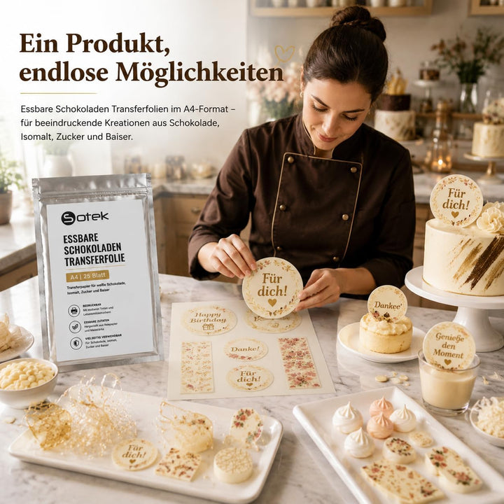 Sotek Essbare Schokoladen Transferfolie A4, 25 Blatt (21 x 29,7 cm), Transferpapier für weisse Schok
