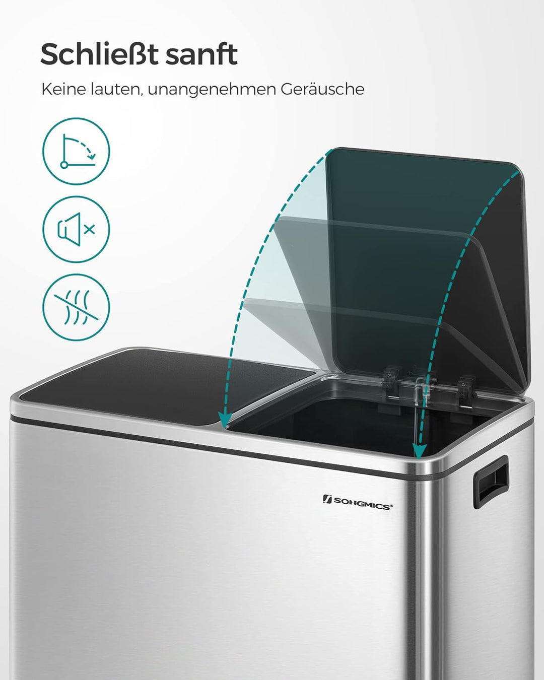 SONGMICS Mülleimer, 2 x 30 L, 2 Fächer, Mülltrennsystem, Treteimer, Abfalleimer Küche, 15 Müllsäcke,