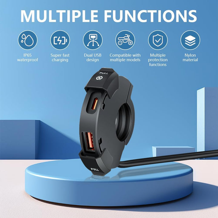 URAQT 48W USB C Steckdose 12V Motorrad Ladegerät, Moto Telefon Ladegerät, QC3.0 USB-A und Typ-C Wass