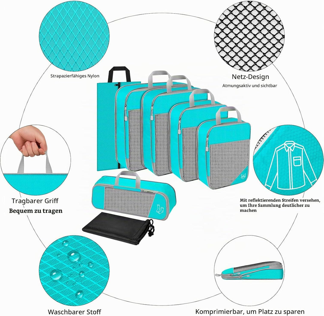 Koffer Organizer Set 7-teilig, Packtaschen mit Kompression, Compression Packing Cubes für Rucksack u