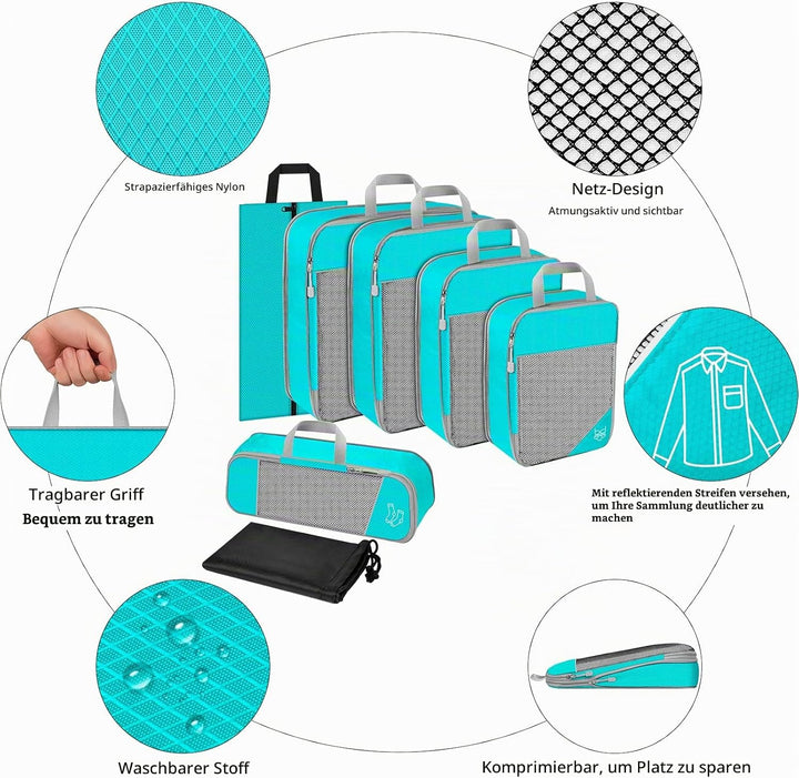 Koffer Organizer Set 7-teilig, Packtaschen mit Kompression, Compression Packing Cubes für Rucksack u