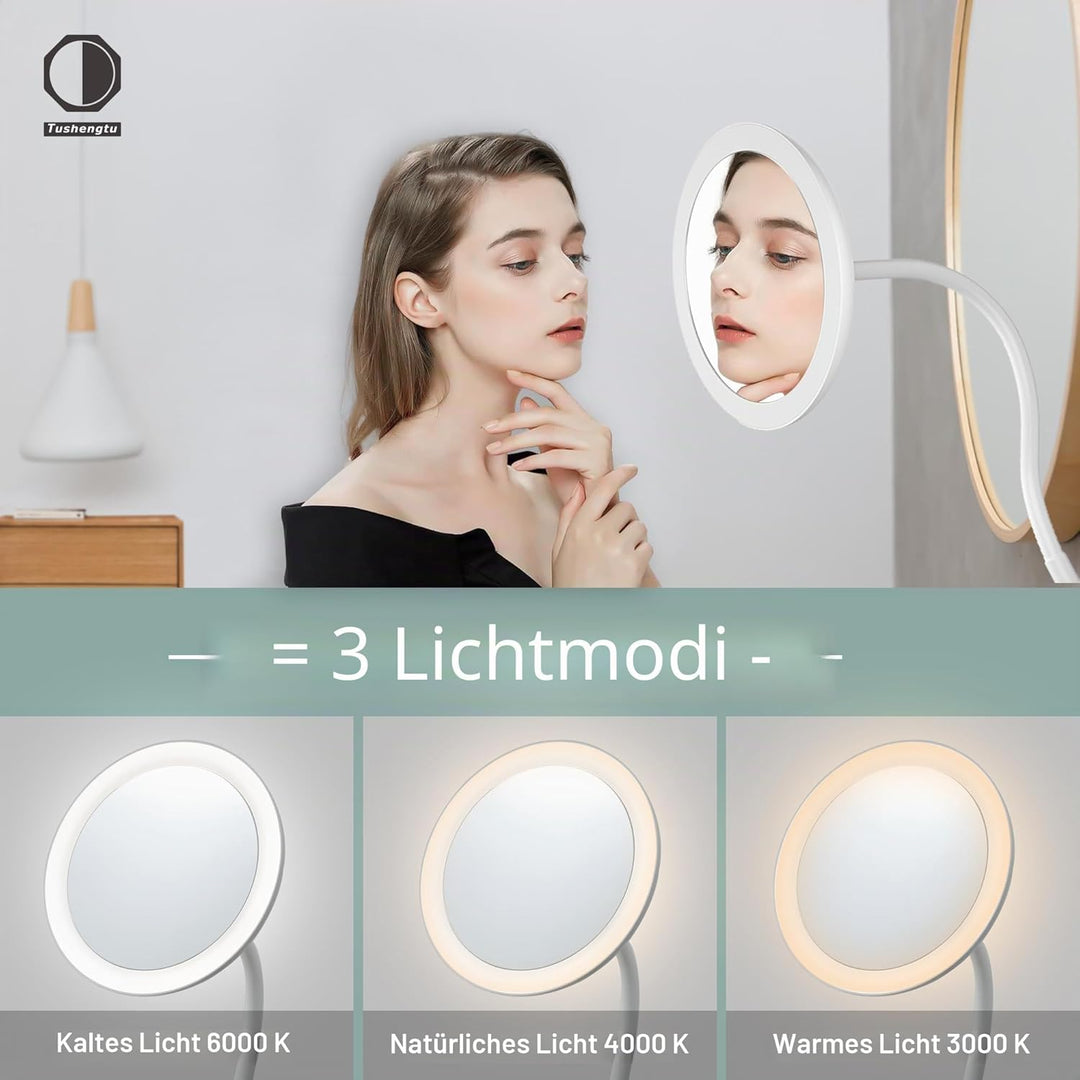 TUSHENGTU 16,5 cm Clip-on-Schminkspiegel mit Licht, Schwanenhals-Reise-Flachspiegel, USB-Aufladung (