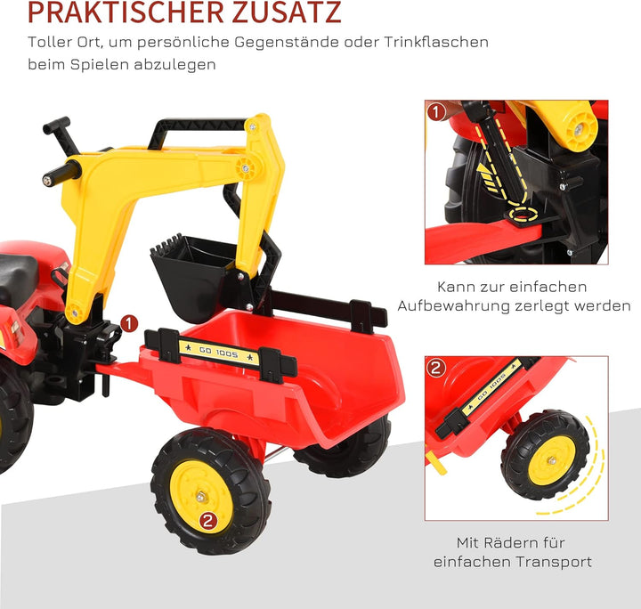 HOMCOM Trettraktor mit Anhänger, Frontlader, Verstellbarer Schaufel, Traktor Tretfahrzeug für Kinder