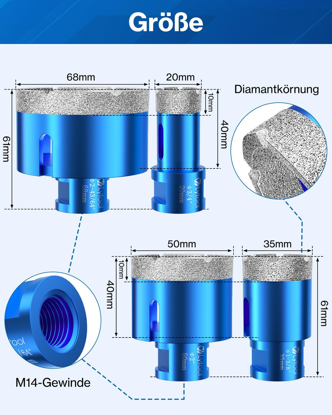 M14 Fliesenbohrer, Lytool 4 tlg Diamantbohrer Glasbohrer Set für M14 Winkelschleifer ø 20 | 35 | 50