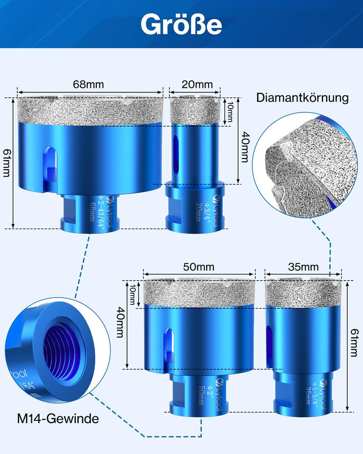 M14 Fliesenbohrer, Lytool 4 tlg Diamantbohrer Glasbohrer Set für M14 Winkelschleifer ø 20 | 35 | 50