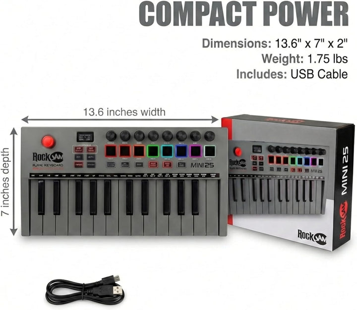 RockJam Go 25 Key USB & Bluetooth MIDI Keyboard Controller With 8 Backlit Drum Pads, 8 Knobs 25 Tast