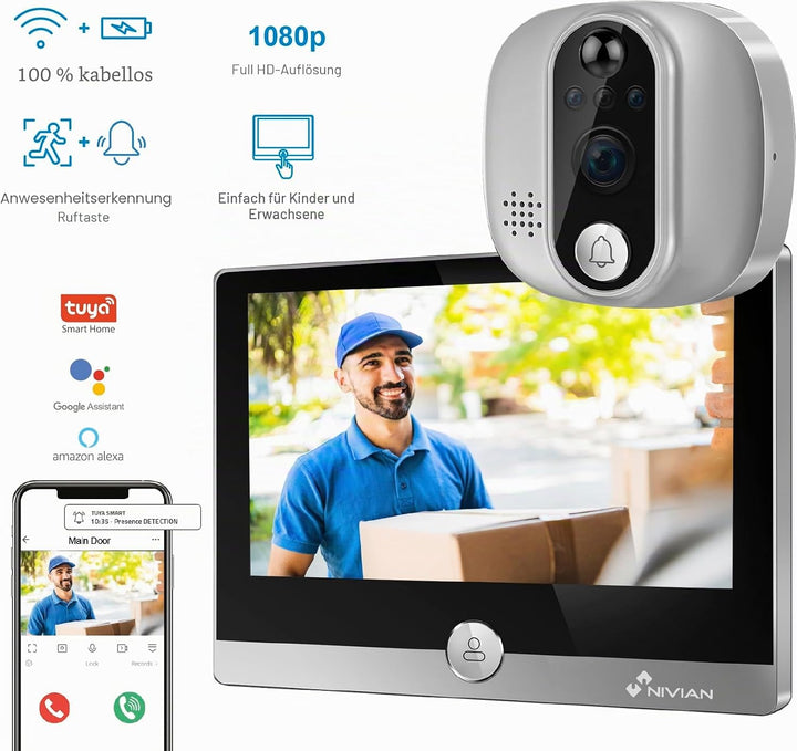 NIVIAN WiFi Digital Peephole – Full-HD-Videokamera mit Akku und Türklingel, Zwei-Wege-Audio, PIR-Erk