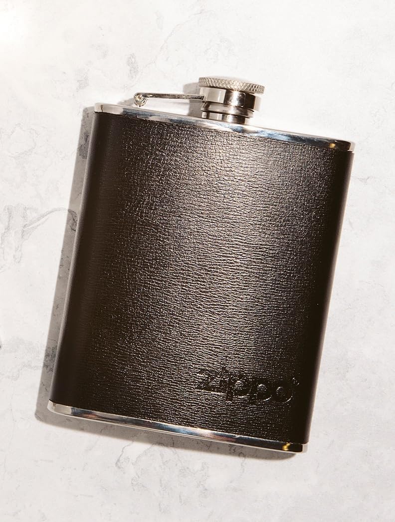Zippo Flachmann Edelstahl - Leder umhüllt - Silber - 177 ml - Mokka - Ideal für Wandern und Outdoor