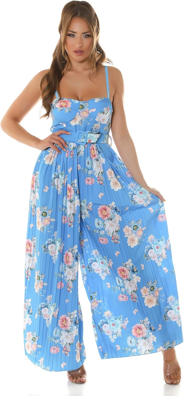 Koucla Flower Printed Plissee Extreme Marlene Jumpsuit Overall mit Gürtel Einheitsgrösse Blau, Einhe