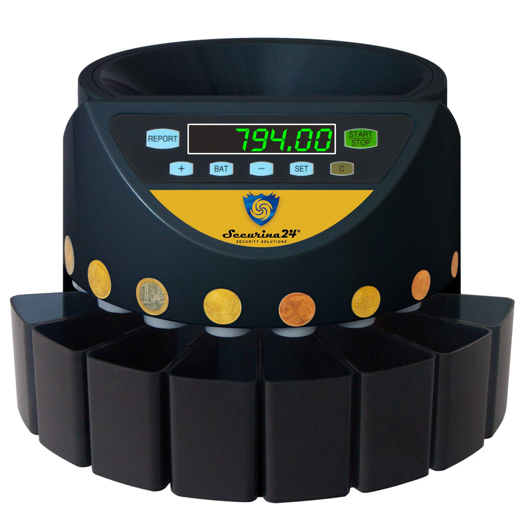 Münzzähler Geldzählmaschine Euro Münzen SR1200 von Securina24® (Schwarz - Goldlabel - BGB)