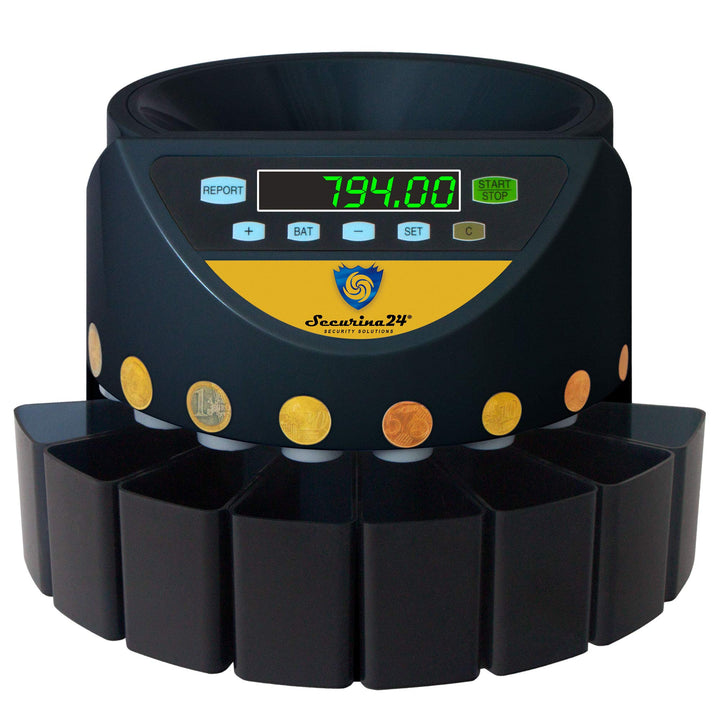 Münzzähler Geldzählmaschine Euro Münzen SR1200 von Securina24® (Schwarz - Goldlabel - BGB)