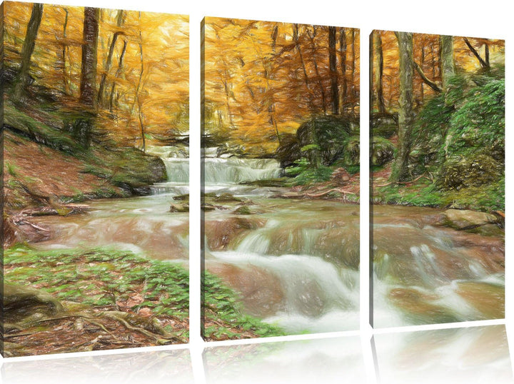 Pixxprint Waldbach im Herbst als Leinwandbild/Grösse: 3 Teilig (120x80) cm/Wandbild/Kunstdruck/ferti