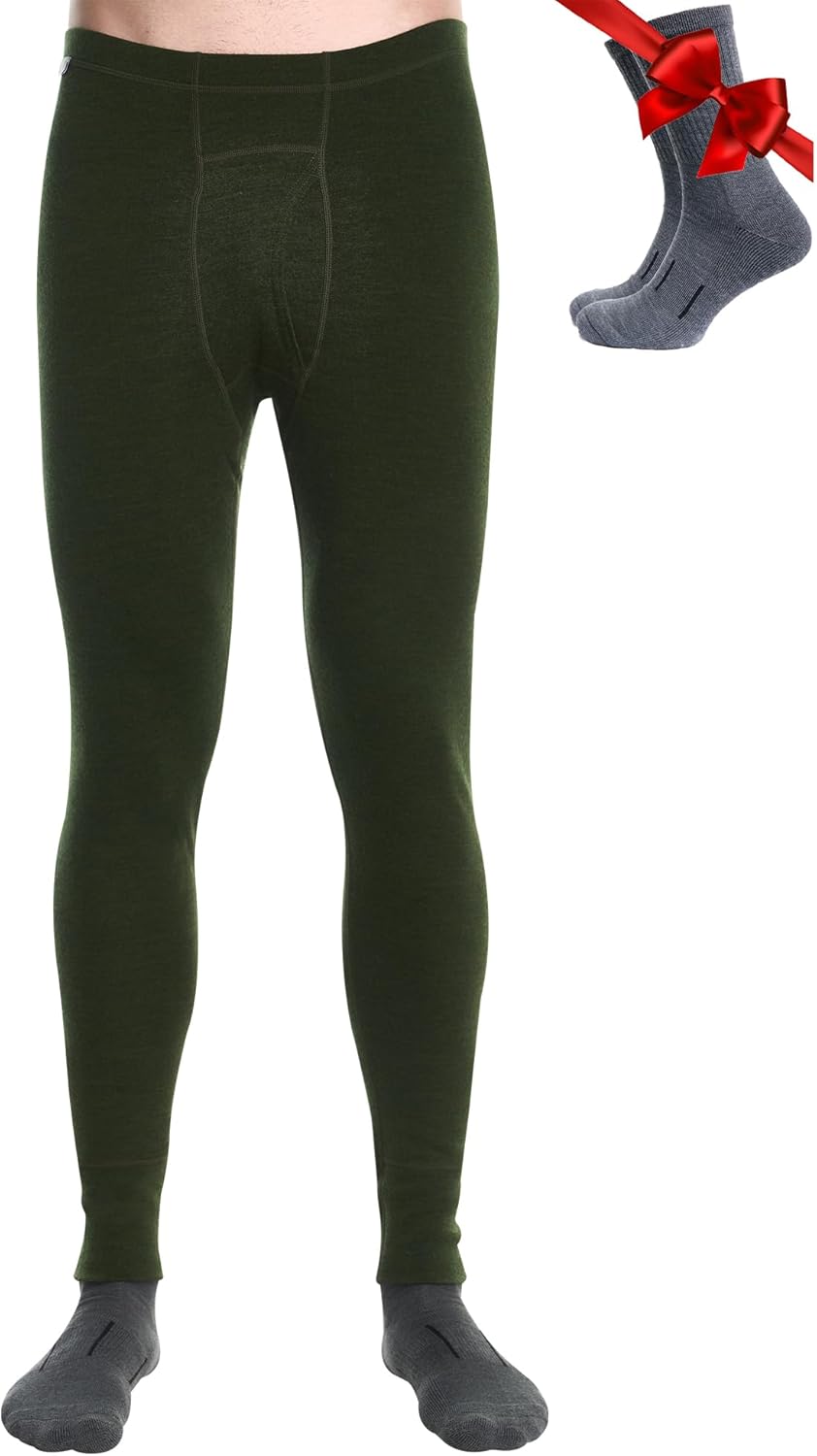 Merino Unterwäsche Herren - Lange Unterhosen Herren Merino Thermounterwäsche + Wollsocken 320 Army G