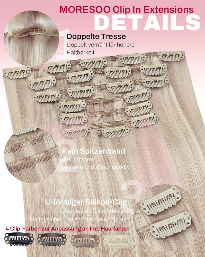 Moresoo Clip in Extensions Echthaar Aschblond mit Blond Haarverlängerung Echthaar Clip in Extensions