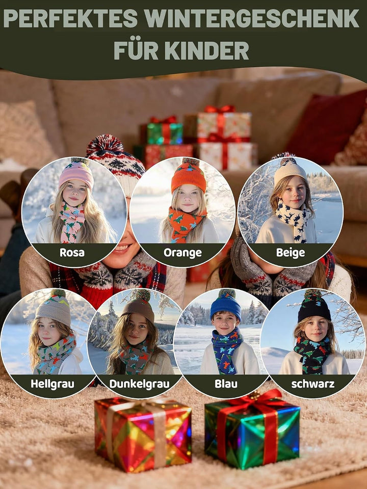 NATUST Mütze Schal Handschuh-Sets für Jungen Dinosaurier Wintermütze mit Bommel Warmer Strickschal H