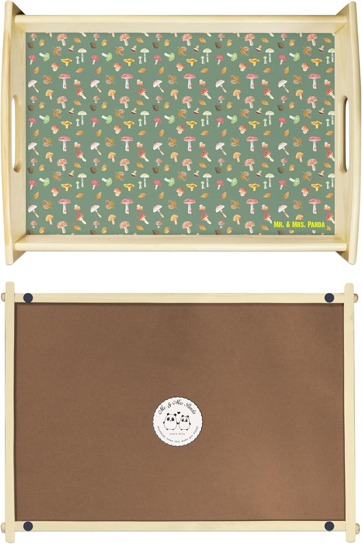 Mr. & Mrs. Panda Tablett Pilz Wald - Geschenk, Holztablett, Muster, Pilze, Snack, Servier, Laub, Ser