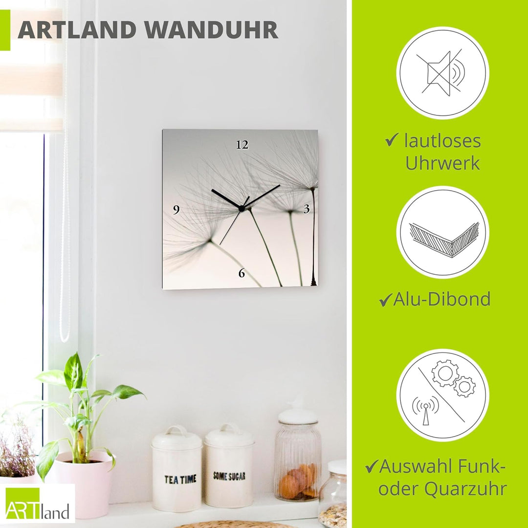 ARTLAND Wanduhr ohne Tickgeräusche Leinwand Quarzuhr 30x30 cm Quadratisch Lautlos Blumen Pusteblume