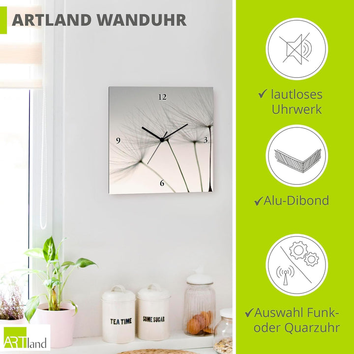 ARTLAND Wanduhr ohne Tickgeräusche Leinwand Quarzuhr 30x30 cm Quadratisch Lautlos Blumen Pusteblume