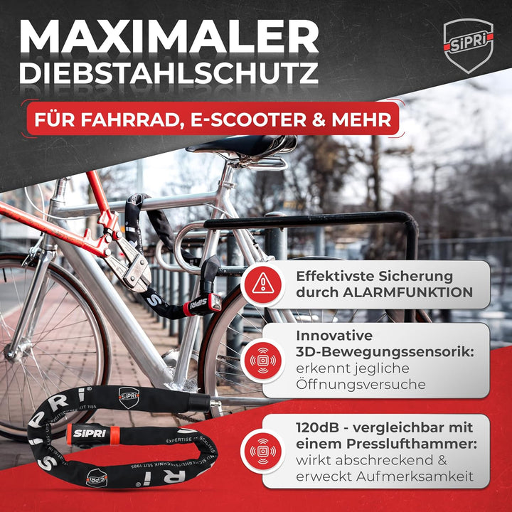 SIPRI® Fahrradschloss mit Alarm 120 dB | Kettenschloss Fahrradschloss hohe Sicherheit für E-Bike, E-
