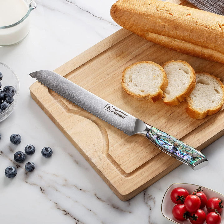 Tsume Brotmesser Abalone, Klingenlänge 19cm, Echtes Damast Küchenmesser mit Perlmuttplatten, 67 Schi