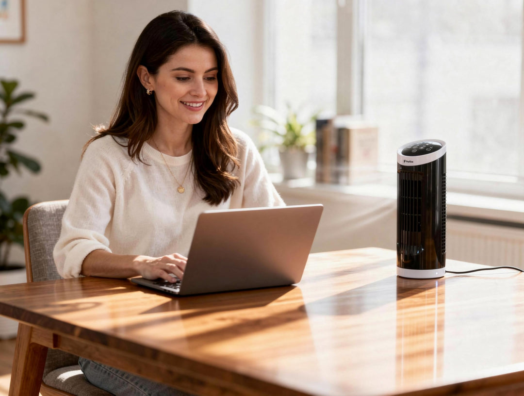 PUR LINE | Kompakter 20-W-Desktop-Turmventilator mit Touchpanel – 3 Geschwindigkeiten, automatische