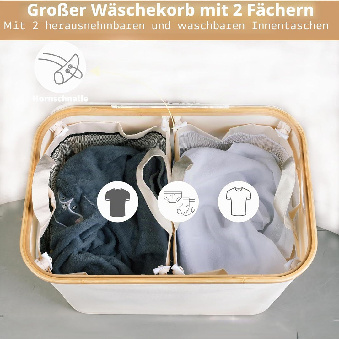 iEGrow Wäschekorb150L XL-Extra Gross 2 Fächer Wäschesammler mit Bambusgriff und Deckel, Laundry Bask
