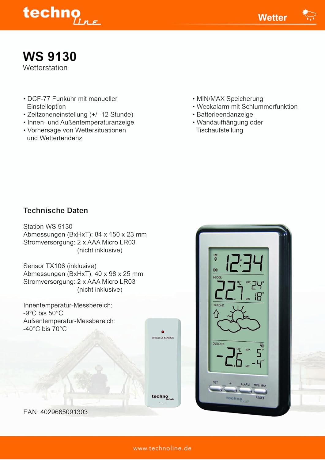 Technoline Wetterstation WS9130 mit Vorhersage der Wetterlage, sowie Innen- und Aussentemperatur WS