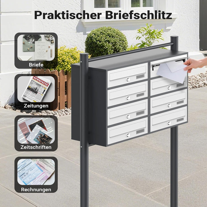 8er-Briefkastenanlage mit Standfuss, pulverbeschichtet in Anthrazit/Weiss, 2 Schlüssel je Postfach