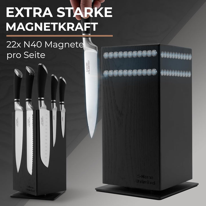 Magnetischer Messerblock ohne Messer | 360° drehbar | Massiver Holzblock in Schwarz mit sichtbarer M