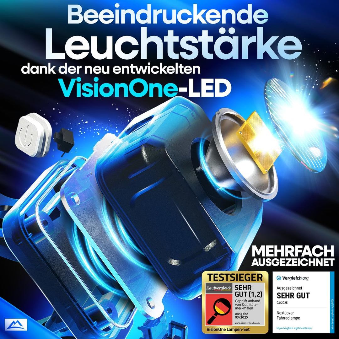 NEXTCOVER® Fahrradlicht Set mit [VisionOne] I LED Set USB-C aufladbar & wasserdicht I StVZO zugelass
