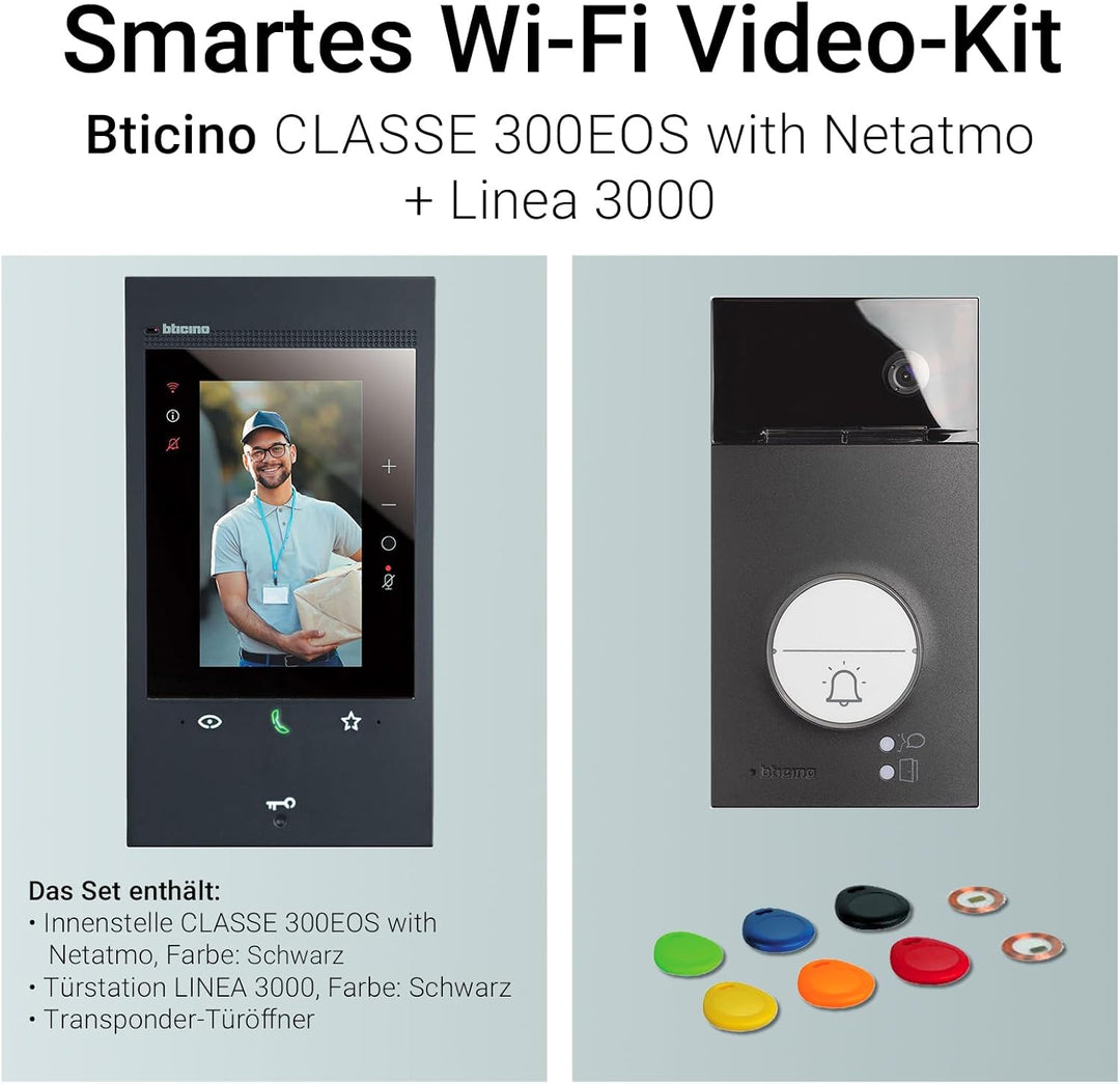 BTICINO, Flex‘ONE-Set Classe 300EOS with Netatmo in Schwarz & Linea 3000 in Schwarz, smarte Wi-Fi-Vi