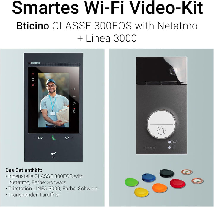 BTICINO, Flex‘ONE-Set Classe 300EOS with Netatmo in Schwarz & Linea 3000 in Schwarz, smarte Wi-Fi-Vi