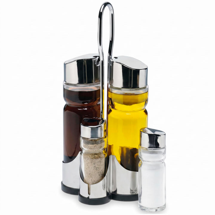 Essig und Öl Spender Set - 2 x 175 mL Glasflaschen und Metallhalterung mit Salz- und Pfefferstreuer