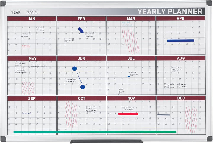 Bi-Office Jahresplaner mit 12 Monaten, Magnetisch, Aluminium Rahmen, 90x60cm