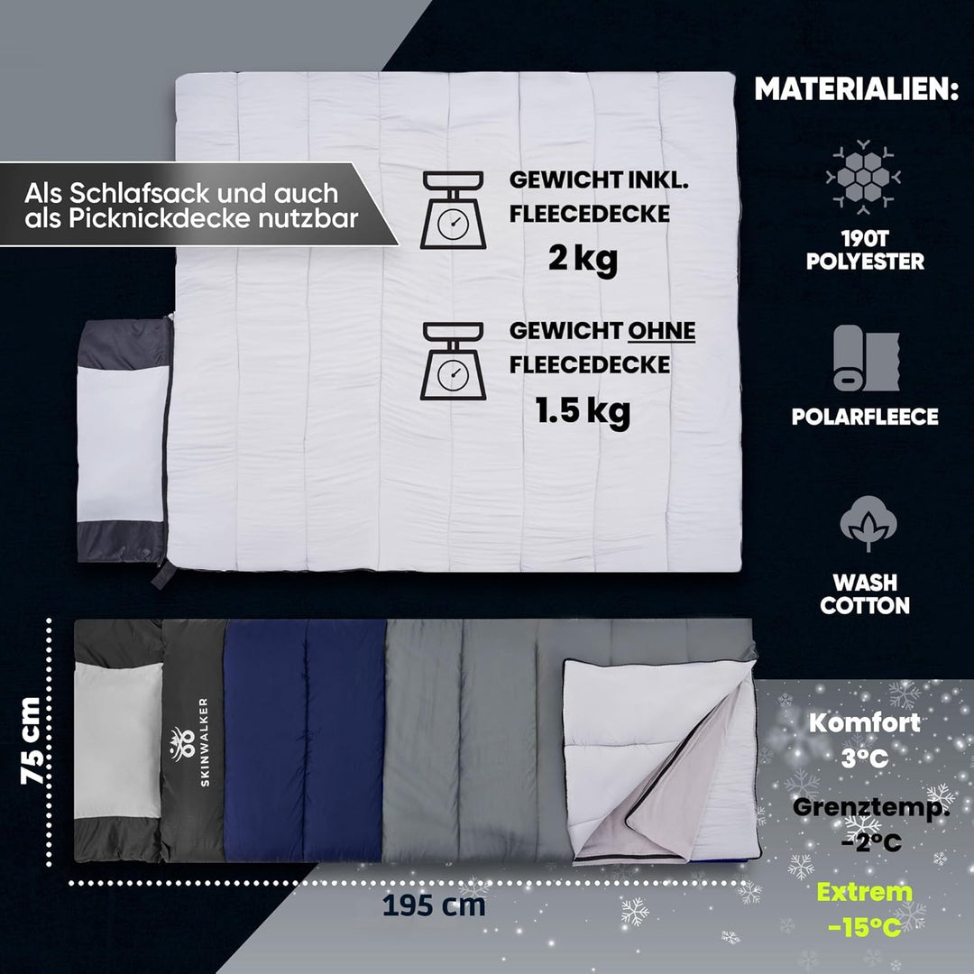 SkinWalker Schlafsack 4 Jahreszeiten Sommer & Winter -15 °C - 20 °C Wasserfest [abnehmbare Polarflee
