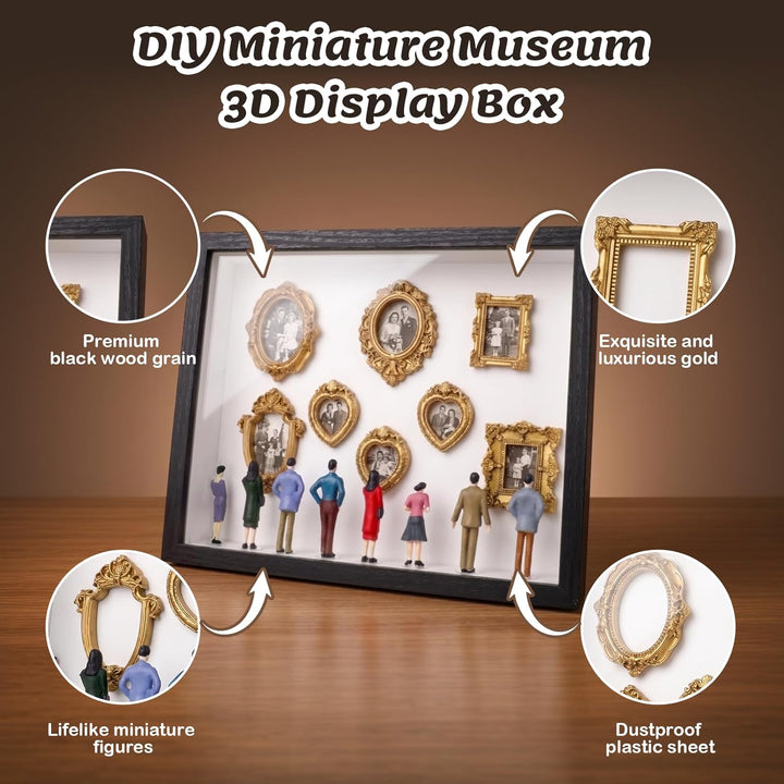 DIY Mini Museum Silhouette Box, Mini Figuren Menschen Museum Bilderrahmen mit 8 Goldenen Rahmen & 8