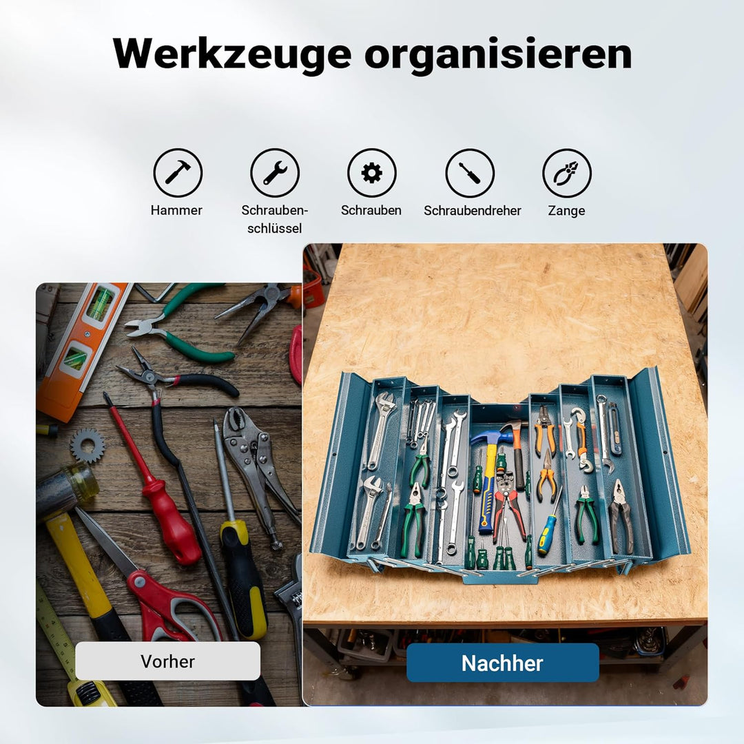 Wiltec Werkzeugkiste 530x200x250mm aus Stahl mit 7 Fächern, beständiger Werkzeugkasten mit Handgriff
