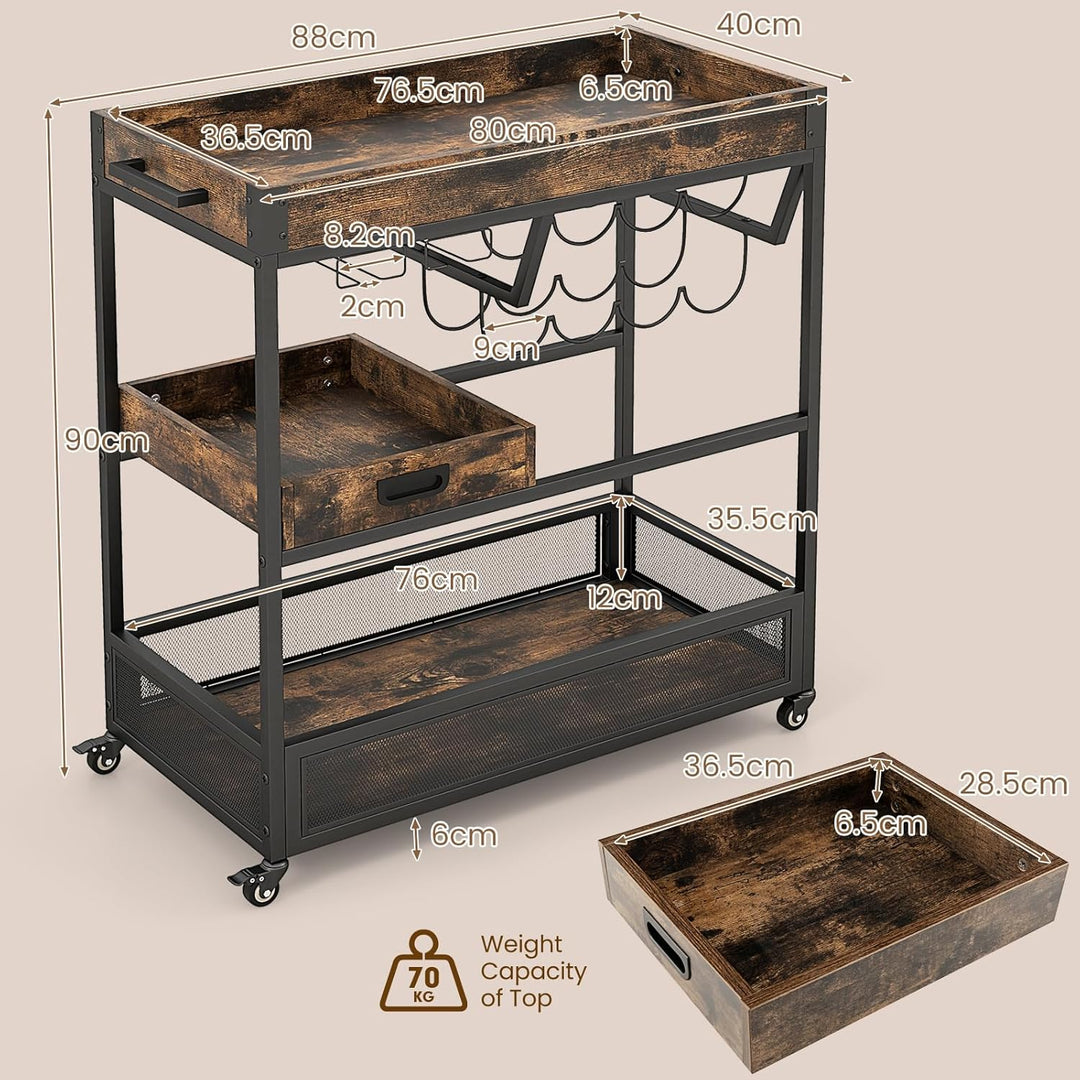KOMFOTTEU Industrieller Küchenwagen mit herausnehmbarem Tablett, Servierwagen 3 Ebenen mit Weinregal