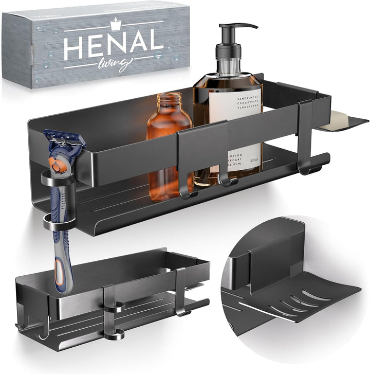 HENAL Duschablage SET 5 in 1, Edelstahl-Duschablage schwarz matt ohne bohren, Duschregal inklusive R