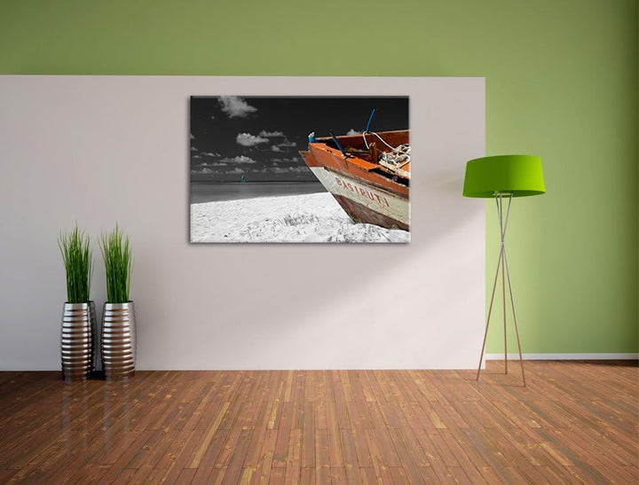 beeindruckendes Boot am Strand schwarz/weiss auf Leinwand, XXL riesige Bilder fertig gerahmt mit Kei