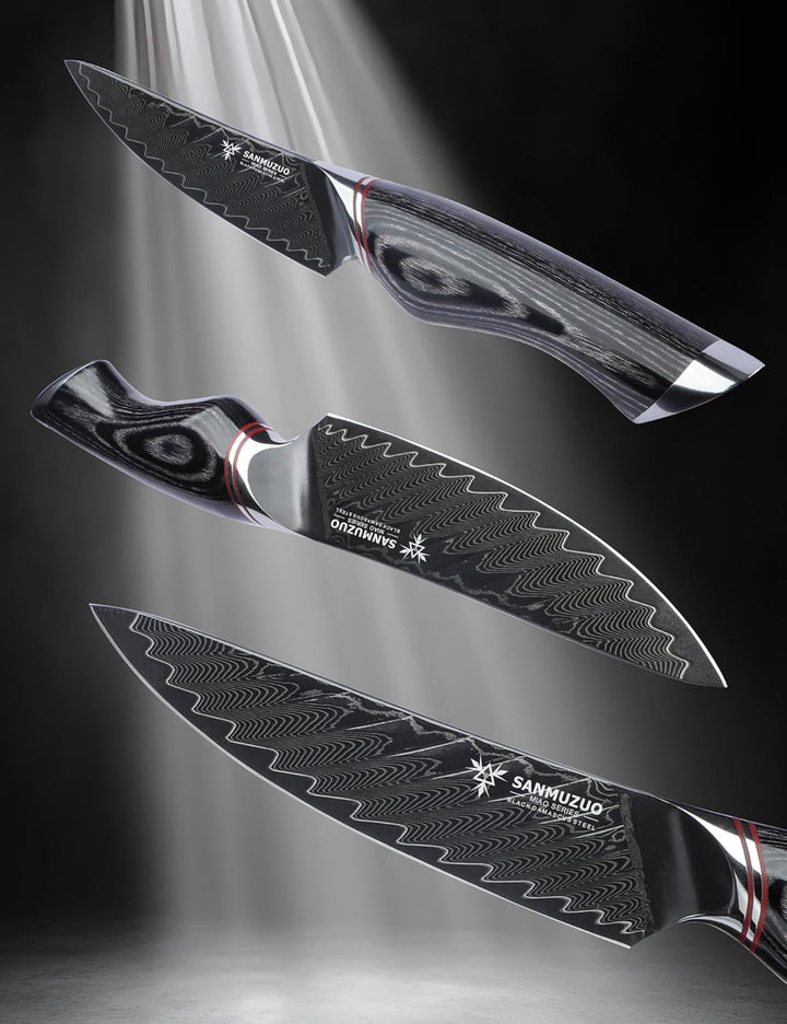 13 cm Allzweckmesser – Obst- und Gemüsemesser, schwarzer Damaststahl mit ergonomischem Griff – Miao