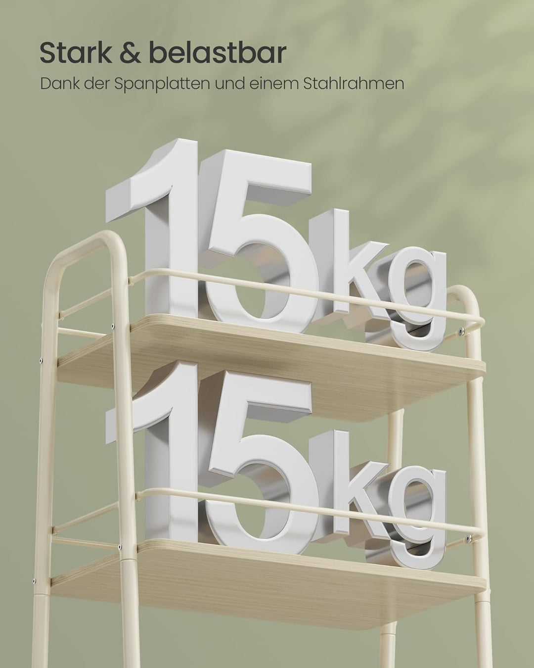 VASAGLE LILEA Kollektion - Rollwagen mit Korb aus Stoff, 3 Ebenen, Servierwagen mit Rollen, Ablagen,