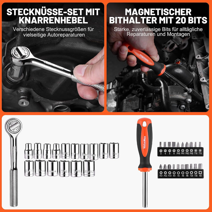 ValueMax werkzeugkoffer gefüllt 150tlg., Werkzeug Set mit Werkzeugkoffer für Haushalt Reparatur, Hei
