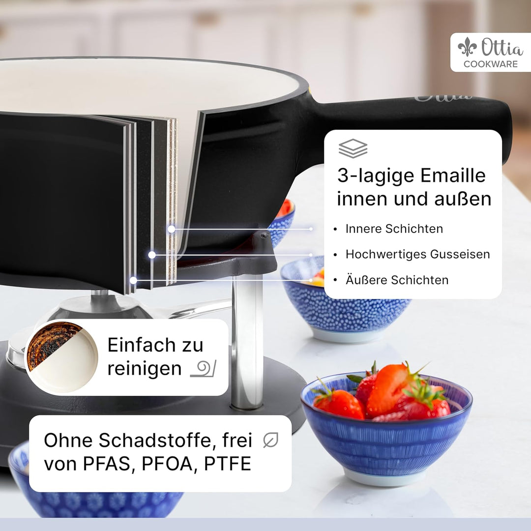 Ottia Gusseisen Fondue Set für 2, 3, 4, 5, 6 Personen, 3-lagige Emaille, Schadstofffrei, 10-teilig m