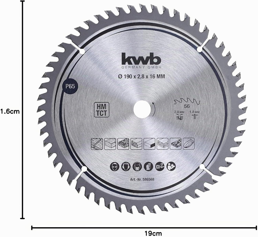 kwb Kreissägeblatt 190 x 16 mm, sehr feiner Schnitt, Sägeblatt geeignet für Arbeitsplatten, Holz und
