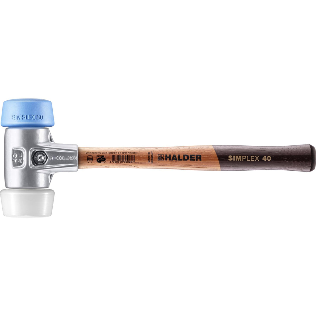 SIMPLEX-Schonhammer, TPE-soft/Superplastik; mit Aluminiumgehäuse und hochwertigem Holzstiel | D=50 m