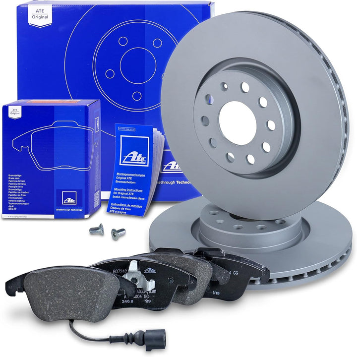 ATE Bremsenset Vorderachse inkl. Bremsscheiben vorne Ø 312 mm belüftet und Bremsbeläge vorne + Warnk