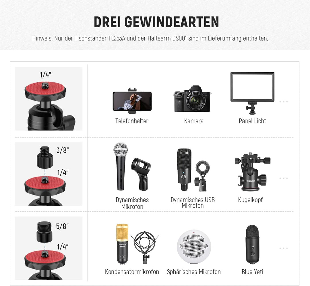 NEEWER Tisch Kamerastativ mit 2 Teleskopauslegern, Telefonhalter, Kugelköpfe, Schraubadapter, Tischl