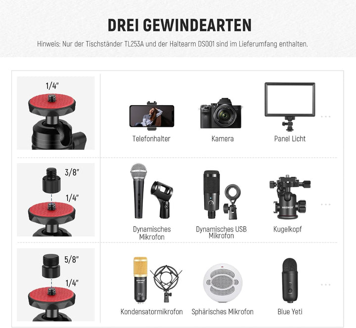 NEEWER Tisch Kamerastativ mit 2 Teleskopauslegern, Telefonhalter, Kugelköpfe, Schraubadapter, Tischl
